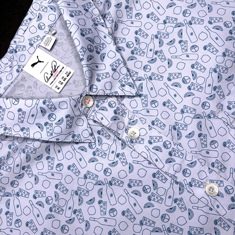 Puma Arnold Palmer Golf Polo Shirt Mens XL Blue Novelty Drink Print Country Club